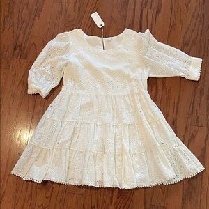 By Together White Eyelet Tiered Dress with Puff Sleeves